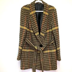 Carla Gi Houndstooth Wool Pea Coat EU 46 Brown Made in Italy Academia Fall